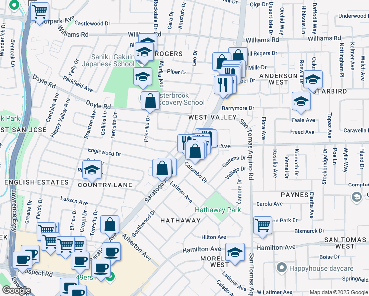 map of restaurants, bars, coffee shops, grocery stores, and more near 1321 Saratoga Avenue in San Jose