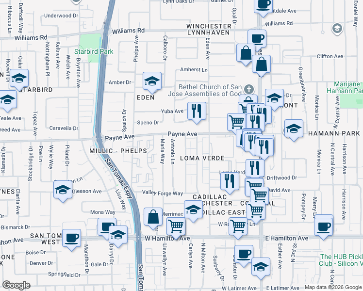 map of restaurants, bars, coffee shops, grocery stores, and more near 1336 Antonio Lane in San Jose