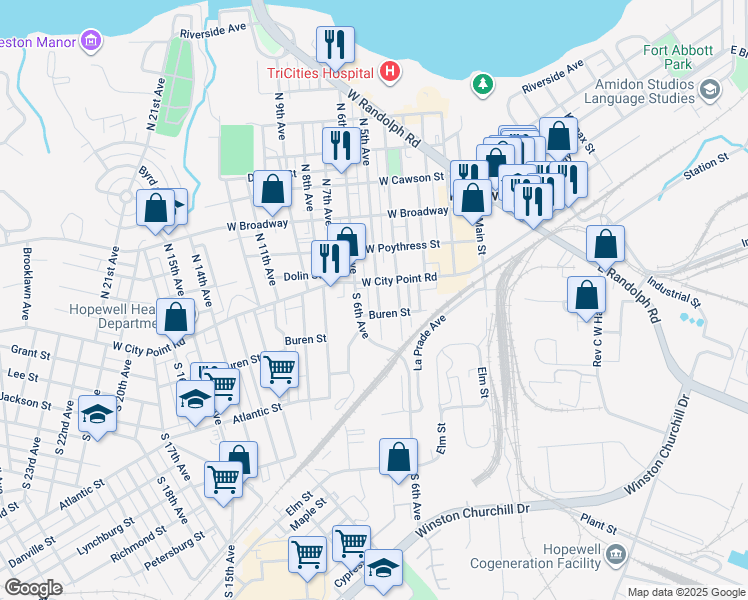map of restaurants, bars, coffee shops, grocery stores, and more near 106 South 5th Avenue in Hopewell