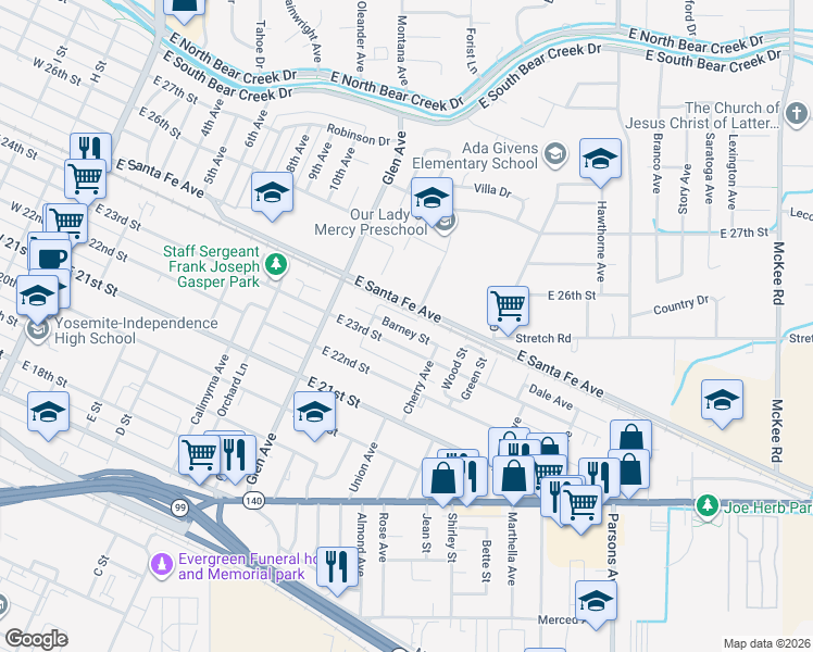 map of restaurants, bars, coffee shops, grocery stores, and more near 1077 Barney Street in Merced