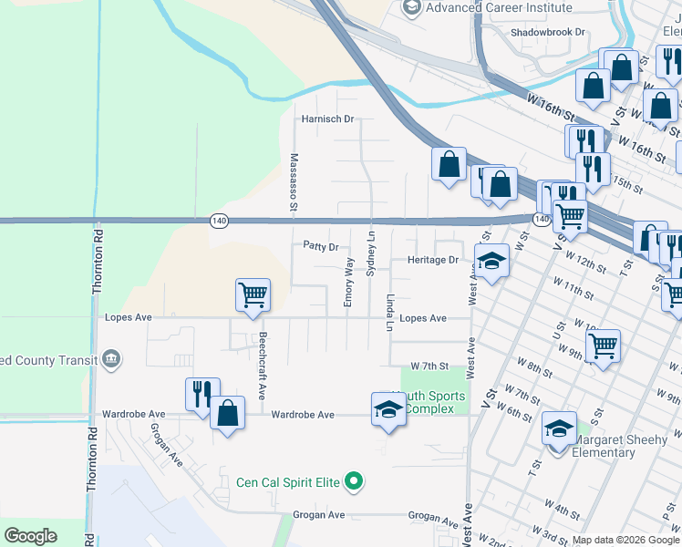 map of restaurants, bars, coffee shops, grocery stores, and more near 995 Emory Way in Merced