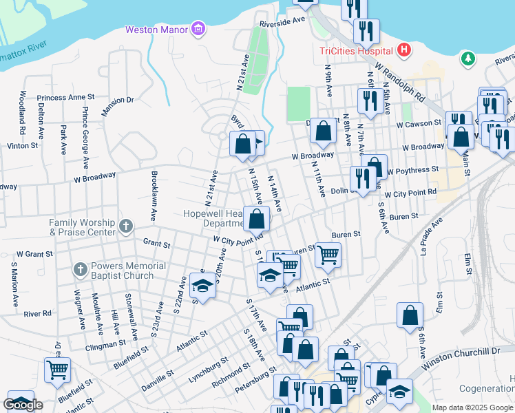 map of restaurants, bars, coffee shops, grocery stores, and more near 118 North 15th Avenue in Hopewell