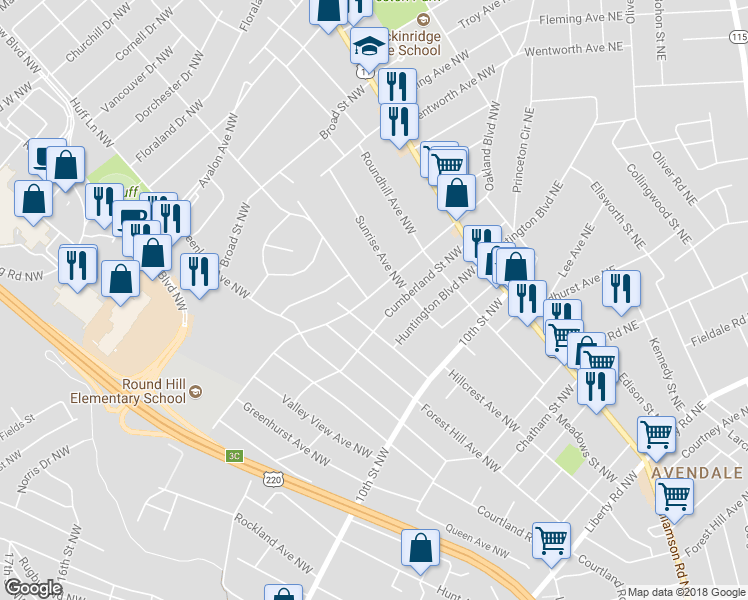 map of restaurants, bars, coffee shops, grocery stores, and more near 2703 Oakland Boulevard Northwest in Roanoke