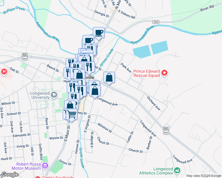map of restaurants, bars, coffee shops, grocery stores, and more near 406 East 3rd Street in Farmville