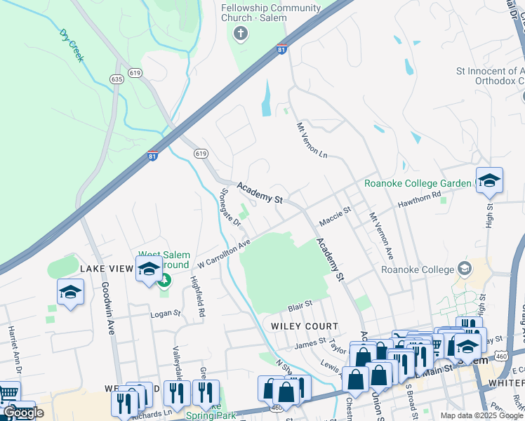 map of restaurants, bars, coffee shops, grocery stores, and more near 826 Stroupe Circle in Salem