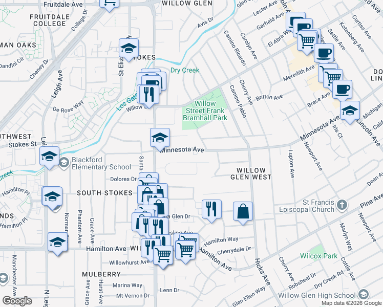 map of restaurants, bars, coffee shops, grocery stores, and more near 1512 Minnesota Avenue in San Jose