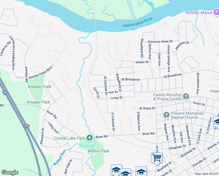 map of restaurants, bars, coffee shops, grocery stores, and more near 3410 Norton Street in Hopewell