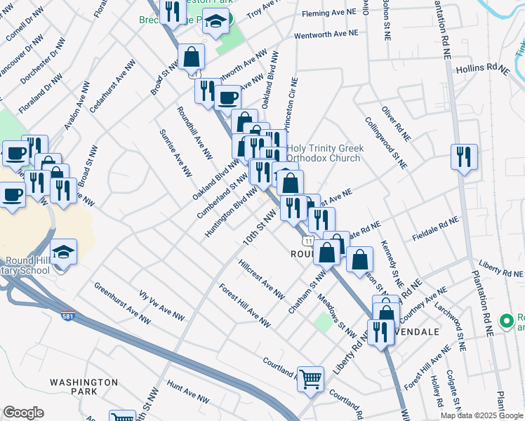 map of restaurants, bars, coffee shops, grocery stores, and more near 2911 Burton Avenue Northwest in Roanoke