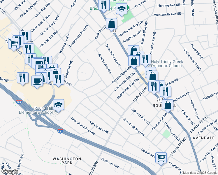 map of restaurants, bars, coffee shops, grocery stores, and more near 2703 Oakland Boulevard Northwest in Roanoke