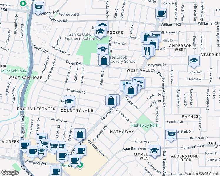 map of restaurants, bars, coffee shops, grocery stores, and more near 4655 Clarendon Drive in San Jose