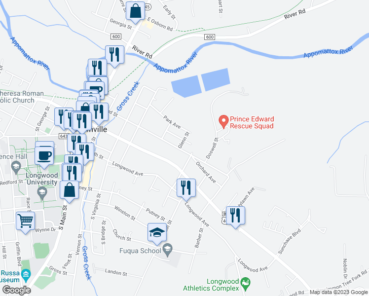 map of restaurants, bars, coffee shops, grocery stores, and more near 602 East 2nd Street in Farmville