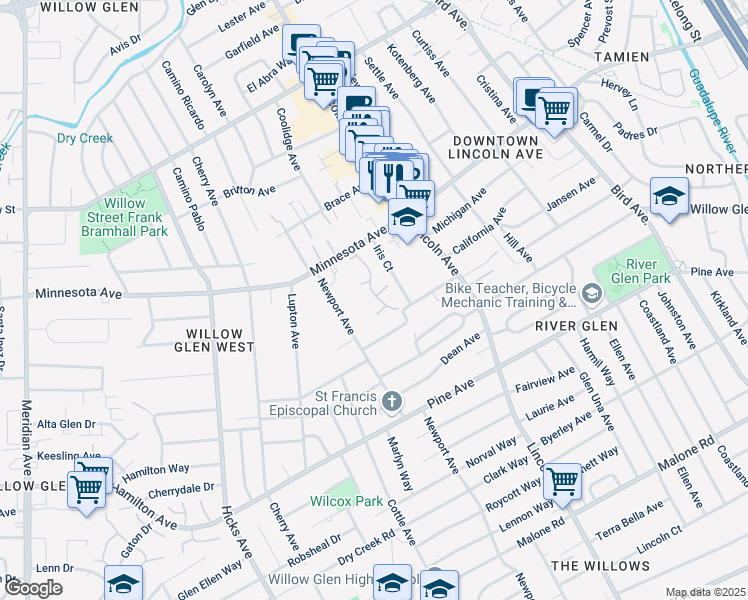 map of restaurants, bars, coffee shops, grocery stores, and more near 1499 Glenpine Drive in San Jose