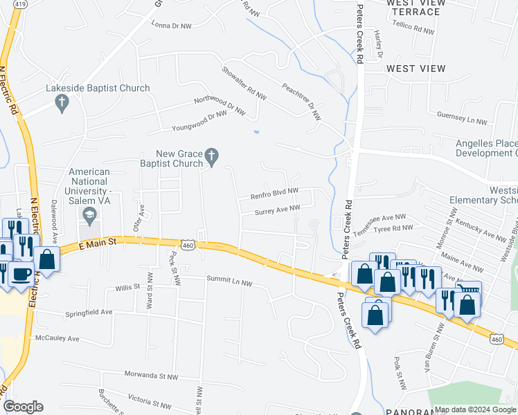 map of restaurants, bars, coffee shops, grocery stores, and more near 4701 Surrey Avenue Northwest in Roanoke
