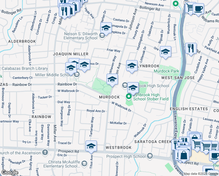 map of restaurants, bars, coffee shops, grocery stores, and more near 1295 Johnson Avenue in San Jose