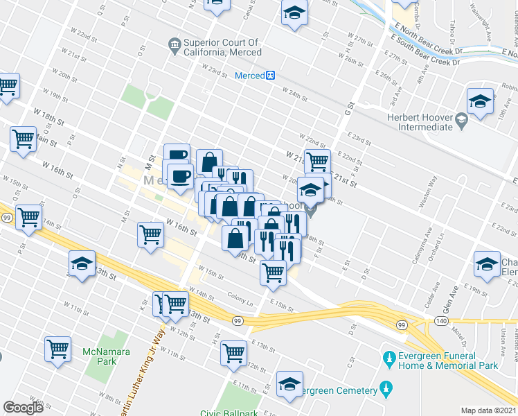 map of restaurants, bars, coffee shops, grocery stores, and more near 115 West 18th Street in Merced