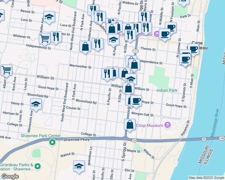 map of restaurants, bars, coffee shops, grocery stores, and more near 224 South Pacific Street in Cape Girardeau