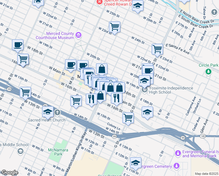 map of restaurants, bars, coffee shops, grocery stores, and more near 246 West 18th Street in Merced