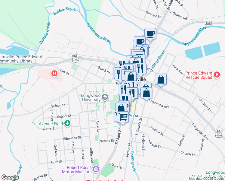 map of restaurants, bars, coffee shops, grocery stores, and more near in Farmville