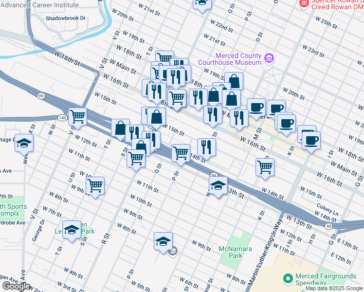 map of restaurants, bars, coffee shops, grocery stores, and more near 919 West 14th Street in Merced