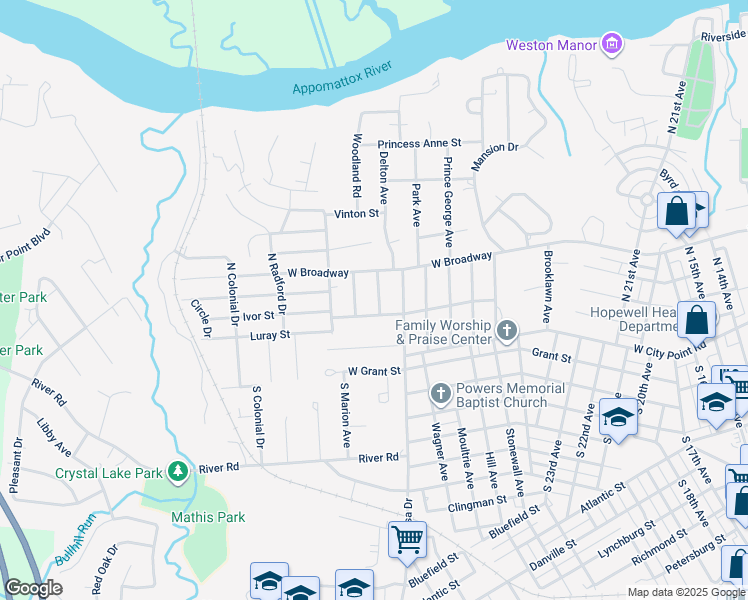map of restaurants, bars, coffee shops, grocery stores, and more near 202 Mohawk Avenue in Hopewell