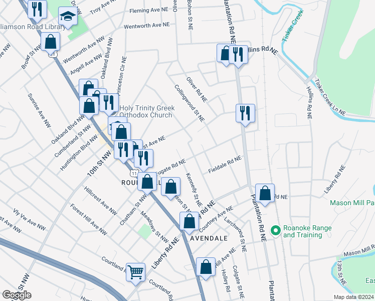 map of restaurants, bars, coffee shops, grocery stores, and more near 3014 Mansfield Street Northeast in Roanoke