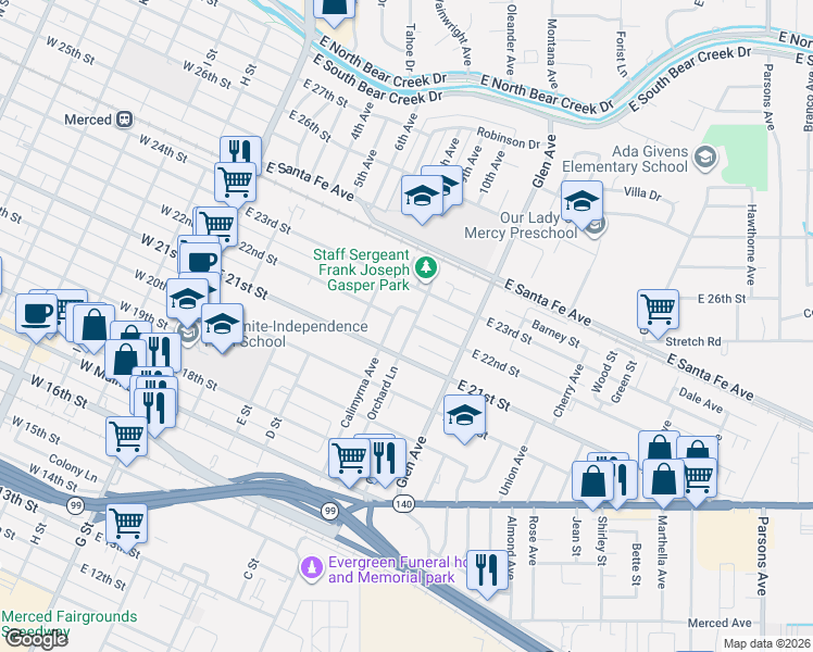 map of restaurants, bars, coffee shops, grocery stores, and more near 540 East 22nd Street in Merced