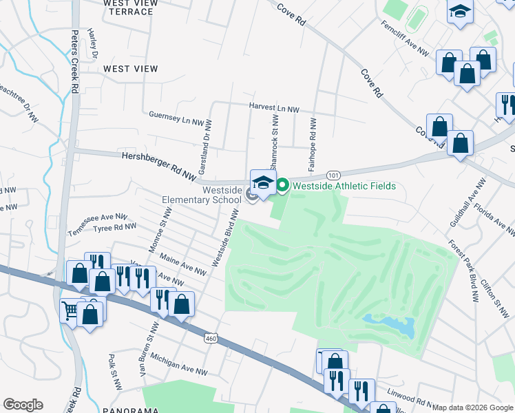 map of restaurants, bars, coffee shops, grocery stores, and more near 1441 Westside Boulevard Northwest in Roanoke