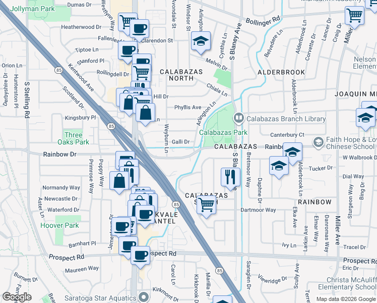 map of restaurants, bars, coffee shops, grocery stores, and more near 7053 Rainbow Drive in San Jose