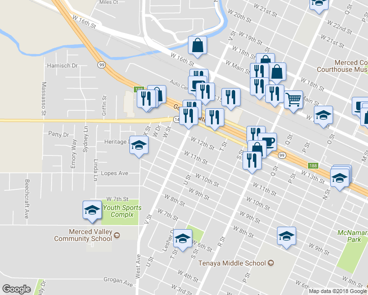 map of restaurants, bars, coffee shops, grocery stores, and more near 1110 V Street in Merced