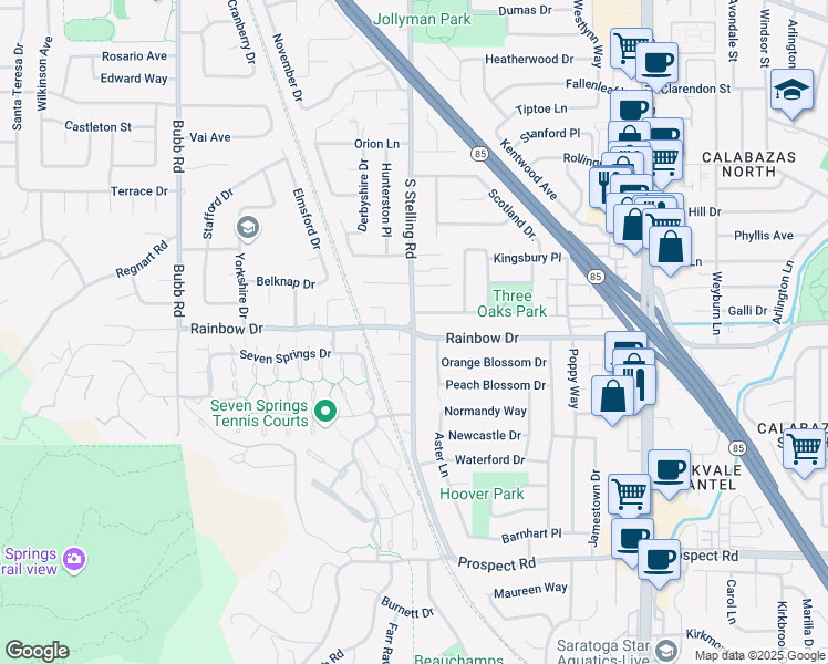 map of restaurants, bars, coffee shops, grocery stores, and more near Rainbow Drive & South Stelling Road in Cupertino