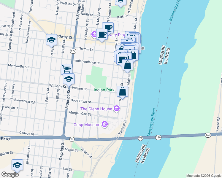 map of restaurants, bars, coffee shops, grocery stores, and more near 142 South Lorimier Street in Cape Girardeau