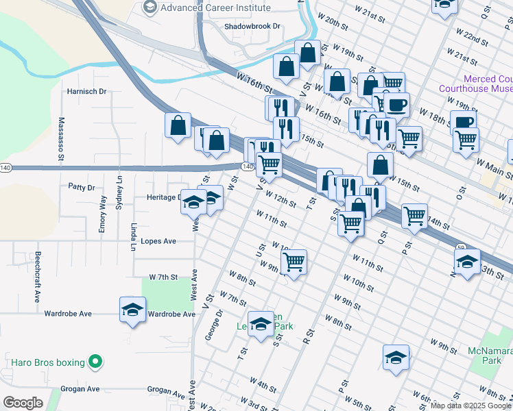 map of restaurants, bars, coffee shops, grocery stores, and more near 1110 V Street in Merced