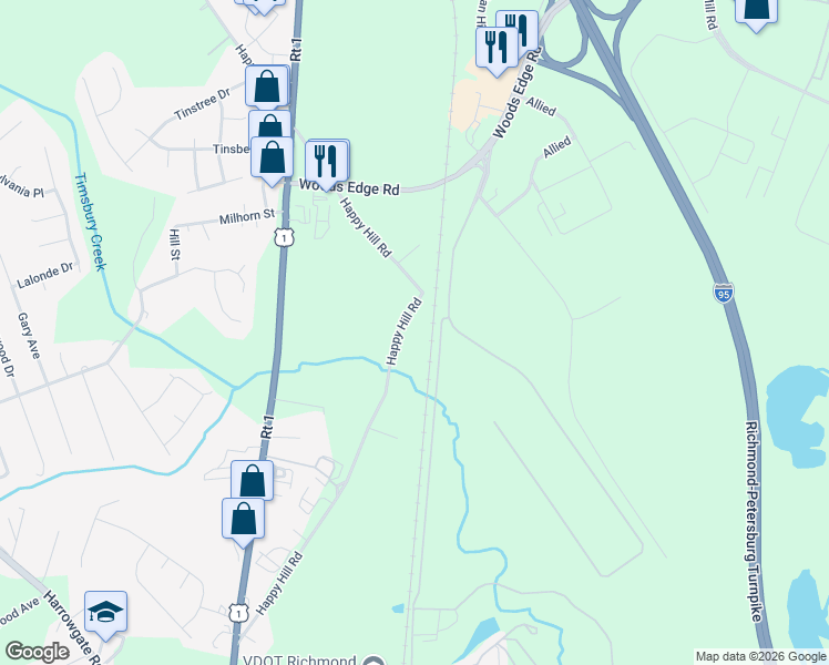 map of restaurants, bars, coffee shops, grocery stores, and more near 16111 Happy Hill Road in Chesterfield County