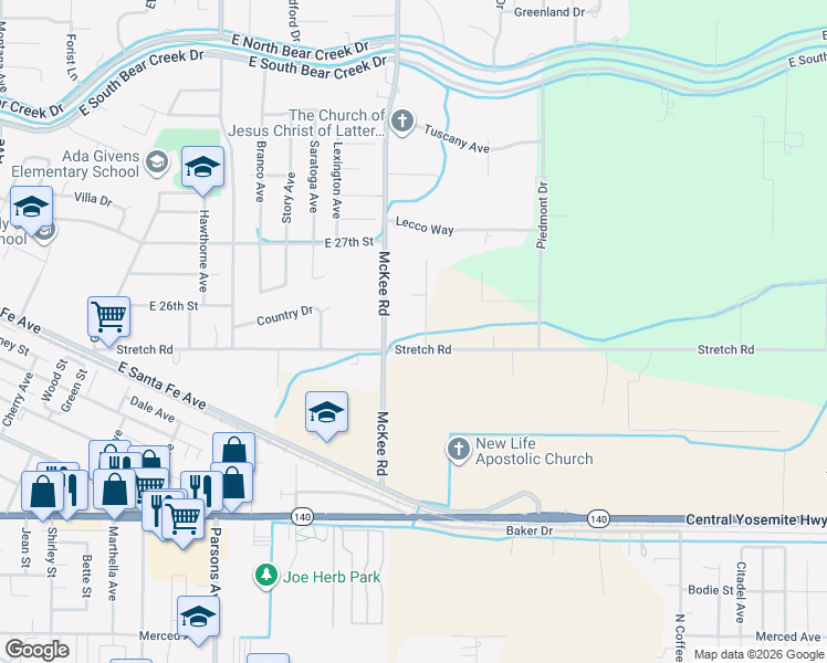 map of restaurants, bars, coffee shops, grocery stores, and more near 2275 Stretch Road in Merced