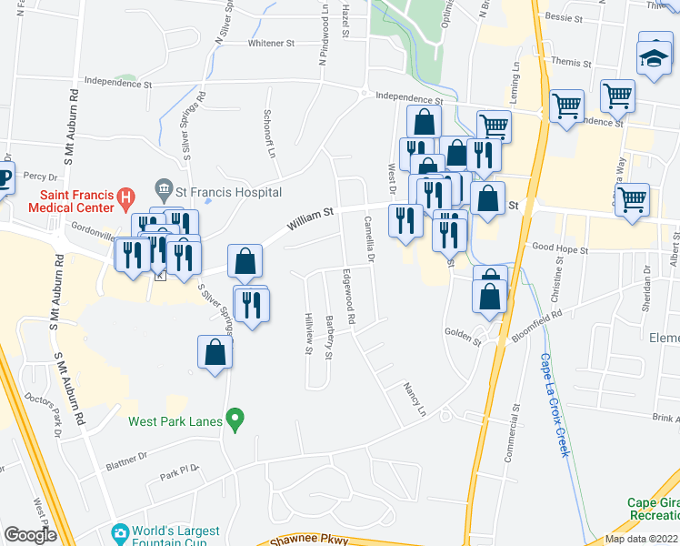 map of restaurants, bars, coffee shops, grocery stores, and more near 2703 Jewel Drive in Cape Girardeau
