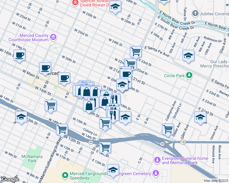 map of restaurants, bars, coffee shops, grocery stores, and more near 24 West 19th Street in Merced