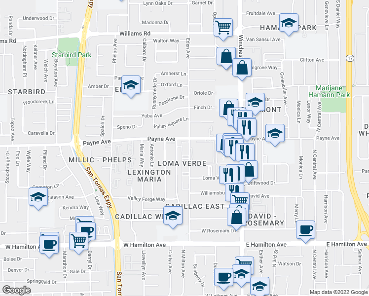 map of restaurants, bars, coffee shops, grocery stores, and more near 55 Eden Avenue in San Jose