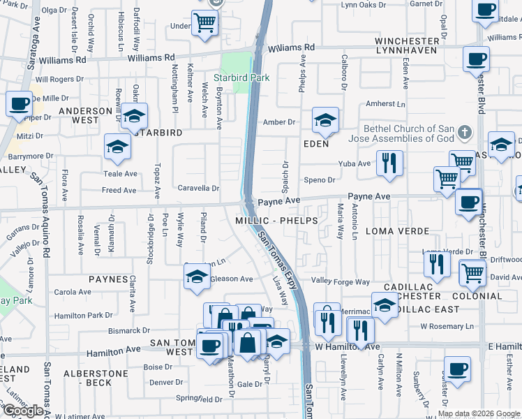 map of restaurants, bars, coffee shops, grocery stores, and more near 3596 Payne Avenue in San Jose