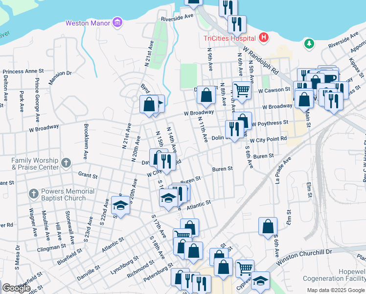map of restaurants, bars, coffee shops, grocery stores, and more near 105 North 14th Avenue in Hopewell