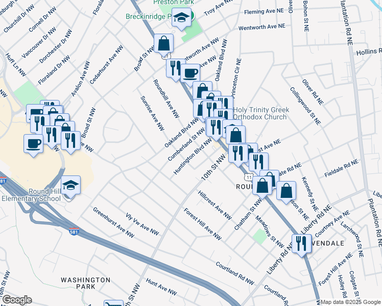 map of restaurants, bars, coffee shops, grocery stores, and more near 2818 Huntington Boulevard Northwest in Roanoke
