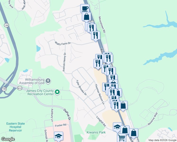 map of restaurants, bars, coffee shops, grocery stores, and more near 200 Captain Newport Circle in Williamsburg