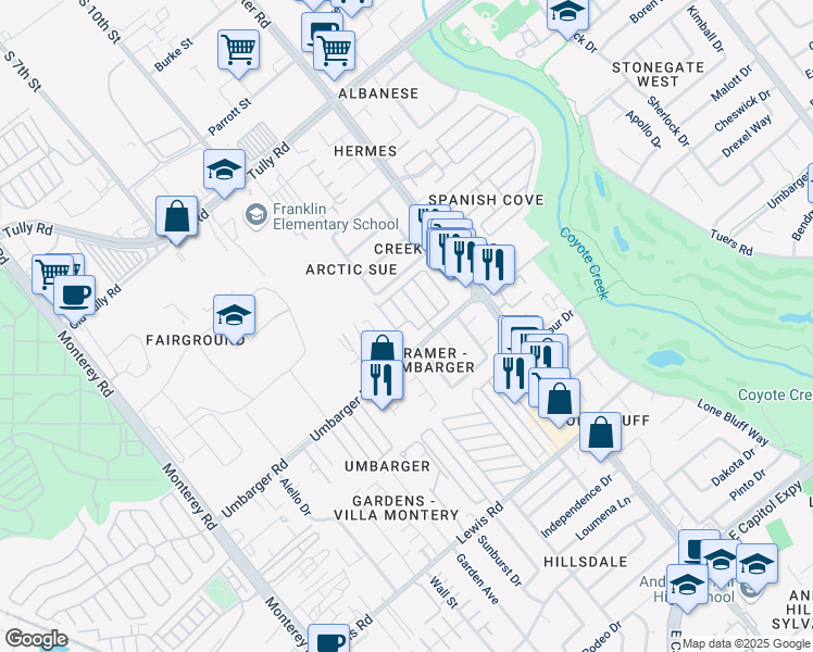 map of restaurants, bars, coffee shops, grocery stores, and more near 555 Umbarger Road in San Jose