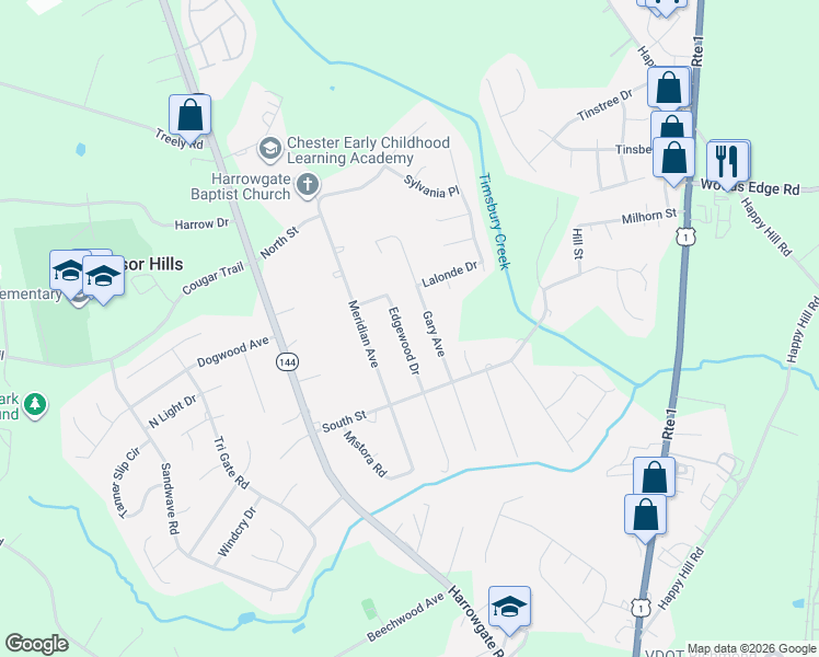 map of restaurants, bars, coffee shops, grocery stores, and more near 16001 Edgewood Drive in Chester