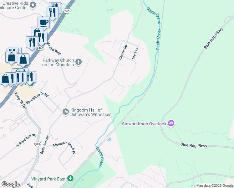 map of restaurants, bars, coffee shops, grocery stores, and more near 3833 Belmont Court in Roanoke