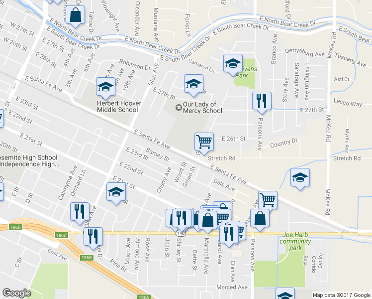 map of restaurants, bars, coffee shops, grocery stores, and more near 1440 East Santa Fe Avenue in Merced