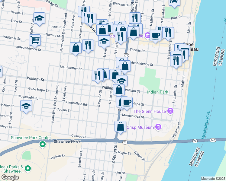 map of restaurants, bars, coffee shops, grocery stores, and more near 735 William Street in Cape Girardeau