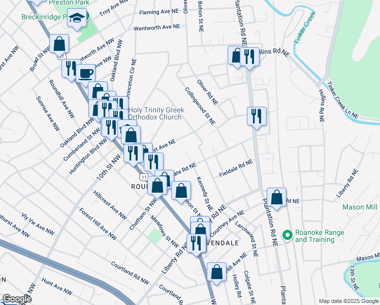map of restaurants, bars, coffee shops, grocery stores, and more near 3023 Kennedy Street Northeast in Roanoke