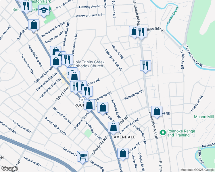 map of restaurants, bars, coffee shops, grocery stores, and more near 3023 Kennedy Street Northeast in Roanoke