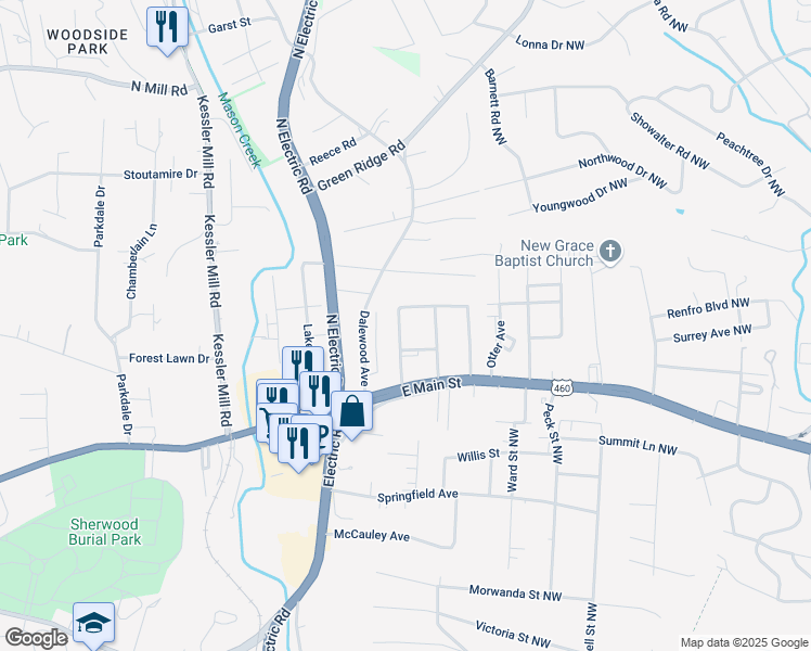 map of restaurants, bars, coffee shops, grocery stores, and more near 114 Hillmount Drive in Salem