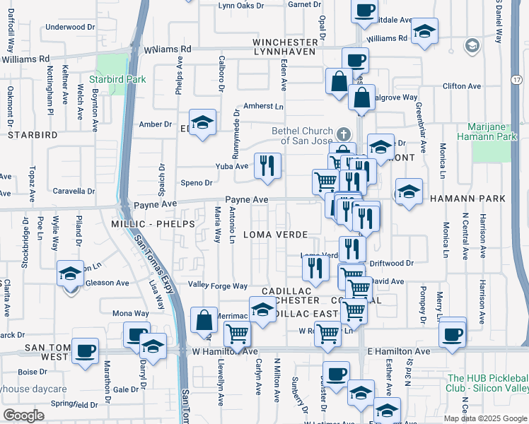 map of restaurants, bars, coffee shops, grocery stores, and more near 1323 Lexington Drive in San Jose